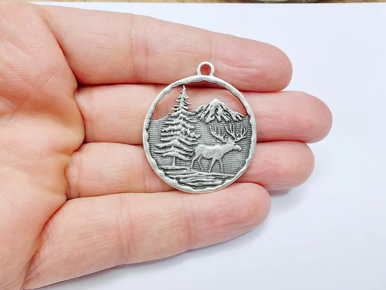 Elk Pendant, Deer Charms, Moose Forest Wildlife Charm, Mountain Tree, Rustic Boho DIY Craft Supply, Antique Silver Plated 39x34mm G36902