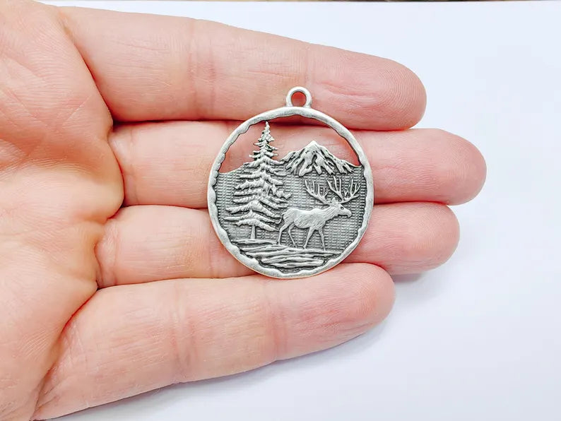 Elk Pendant, Deer Charms, Moose Forest Wildlife Charm, Mountain Tree, Rustic Boho DIY Craft Supply, Antique Silver Plated 39x34mm G36902
