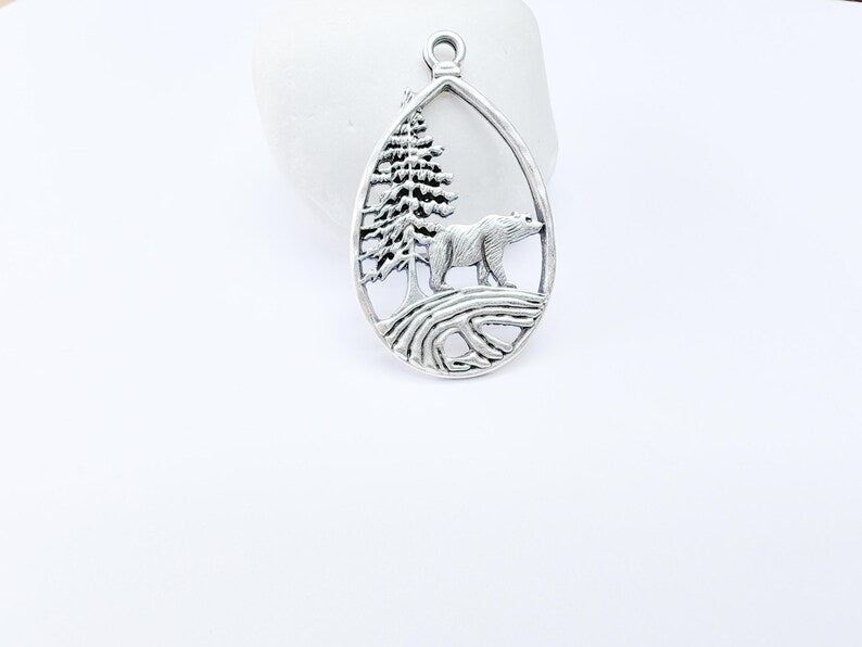 Bear Pendant, Forest Nature Charm, Polar Bear Wildlife Necklace, Rustic Boho Jewelry, Mountain Pendant, Antique Silver Plated 43x25mm G36907