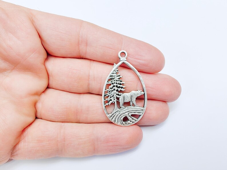 Bear Pendant, Forest Nature Charm, Polar Bear Wildlife Necklace, Rustic Boho Jewelry, Mountain Pendant, Antique Silver Plated 43x25mm G36907