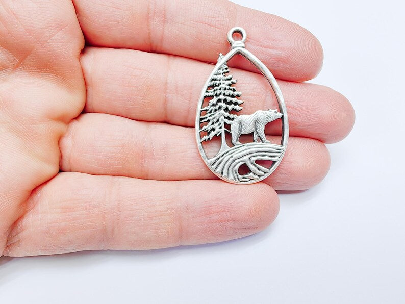Bear Pendant, Forest Nature Charm, Polar Bear Wildlife Necklace, Rustic Boho Jewelry, Mountain Pendant, Antique Silver Plated 43x25mm G36907