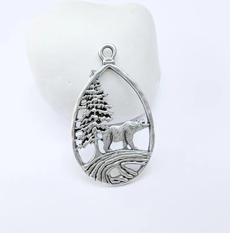 Bear Pendant, Forest Nature Charm, Polar Bear Wildlife Necklace, Rustic Boho Jewelry, Mountain Pendant, Antique Silver Plated 43x25mm G36907
