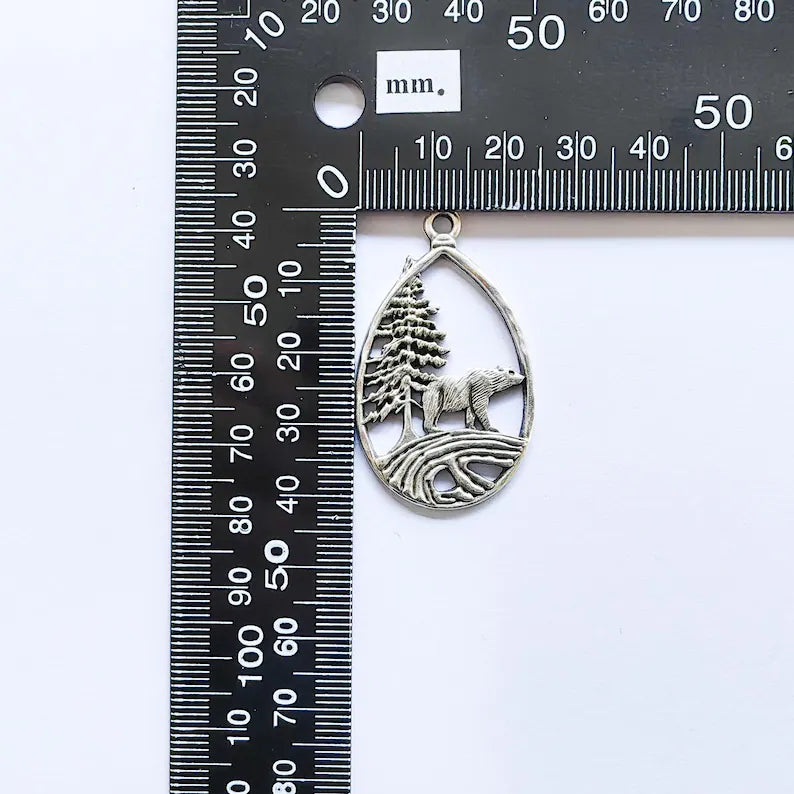 Bear Pendant, Forest Nature Charm, Polar Bear Wildlife Necklace, Rustic Boho Jewelry, Mountain Pendant, Antique Silver Plated 43x25mm G36907