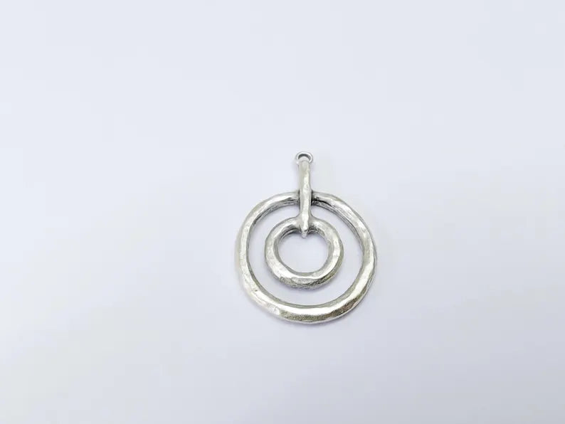 Double Circle Pendant, Geometric Boho Charm, Modern Minimalist Jewelry, DIY Rustic Necklace Craft, Antique Silver Plated 42x30mm G36910
