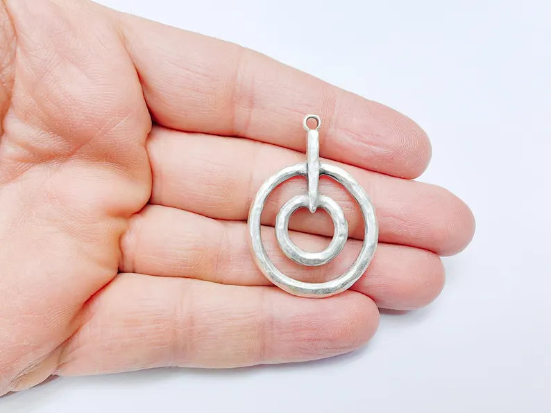 Double Circle Pendant, Geometric Boho Charm, Modern Minimalist Jewelry, DIY Rustic Necklace Craft, Antique Silver Plated 42x30mm G36910