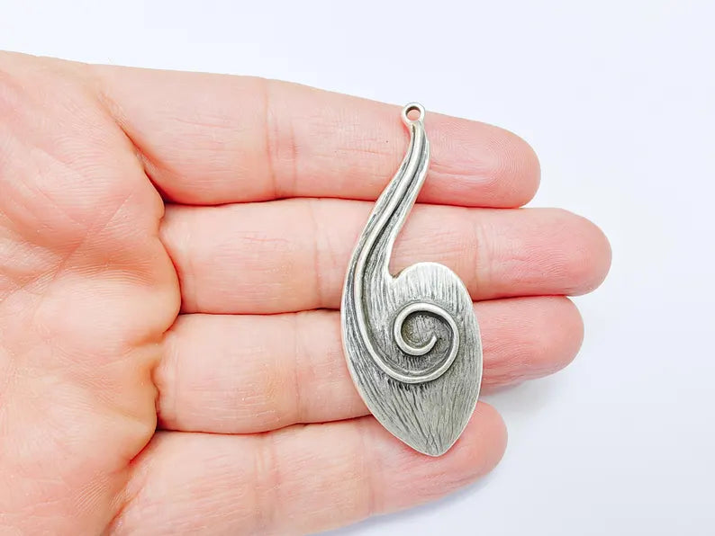 Silver Dangle Pendant, Hammered Charms, Ethnic Earring Charms, Silver Rustic Pendant, Necklace Parts, Antique Silver Plated 61x23mm G36911