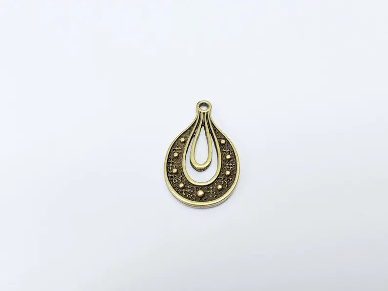 Teardrop Pendant, Filigree Boho Charm, Vintage Drop Jewelry, DIY Craft Rustic Elegant Necklace Supply, Antique Bronze Plated 36x22mm G36920