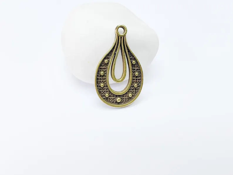 Teardrop Pendant, Filigree Boho Charm, Vintage Drop Jewelry, DIY Craft Rustic Elegant Necklace Supply, Antique Bronze Plated 36x22mm G36920