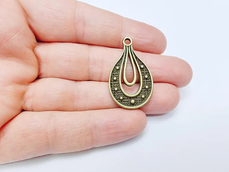 Teardrop Pendant, Filigree Boho Charm, Vintage Drop Jewelry, DIY Craft Rustic Elegant Necklace Supply, Antique Bronze Plated 36x22mm G36920
