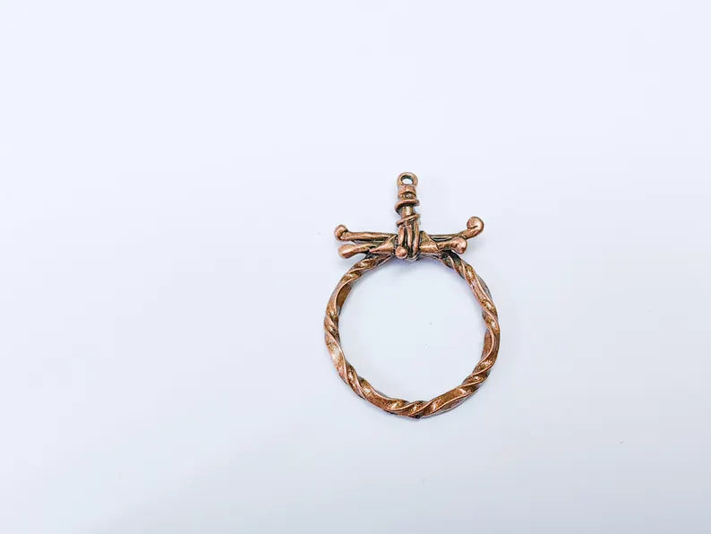 Barbed Wire Pendant, Boho Punk Charm, Twisted Metal Loop, Rustic Jewelry, DIY Necklace Craft Supply, Antique Copper Plated 50x33mm G36918