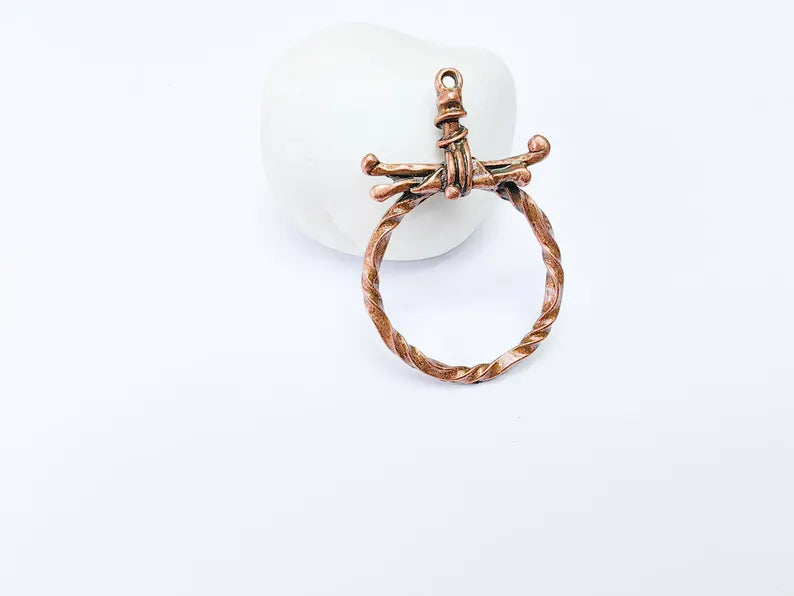 Barbed Wire Pendant, Boho Punk Charm, Twisted Metal Loop, Rustic Jewelry, DIY Necklace Craft Supply, Antique Copper Plated 50x33mm G36918