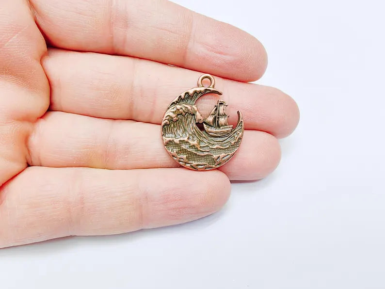 Sailing Ship Charm, Ocean Wave Pendant, Nautical Jewelry, Sea Maritime Rustic Adventure Necklace, Antique Copper Plated 29x25mm G36919