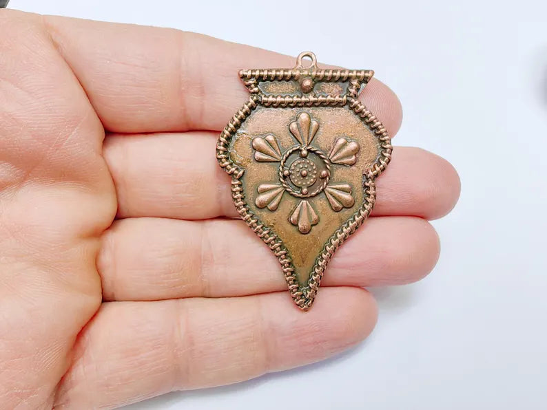 Ethnic Pendant, Tribal Boho Charm, Vintage Ornate Necklace, DIY Jewelry, Rustic Statement Craft Supply, Antique Copper Plated 55x38mm G36922