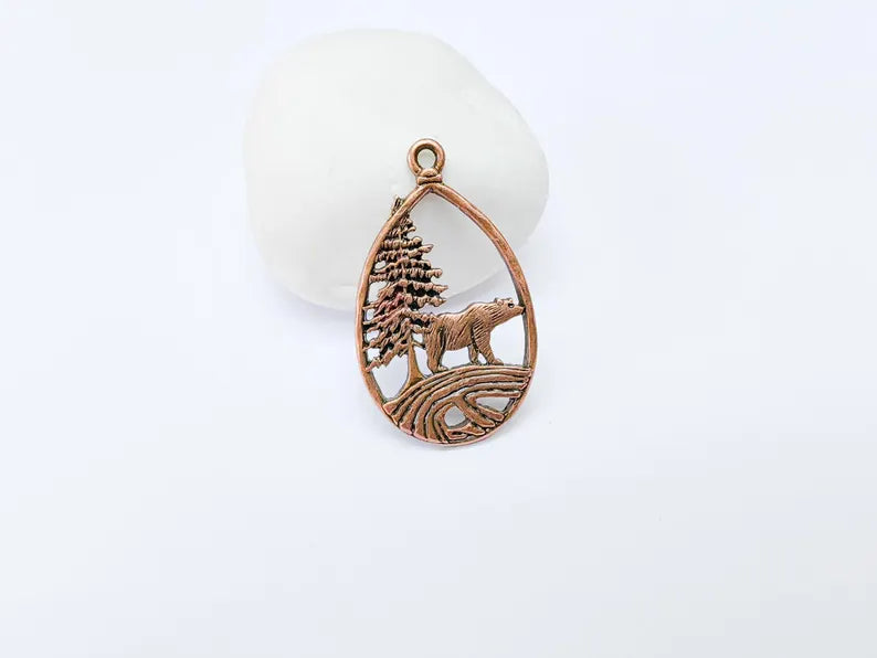 Bear Pendant, Forest Nature Charm, Polar Bear Wildlife Necklace, Rustic Boho Jewelry, Mountain Pendant, Antique Copper Plated 43x25mm G36923
