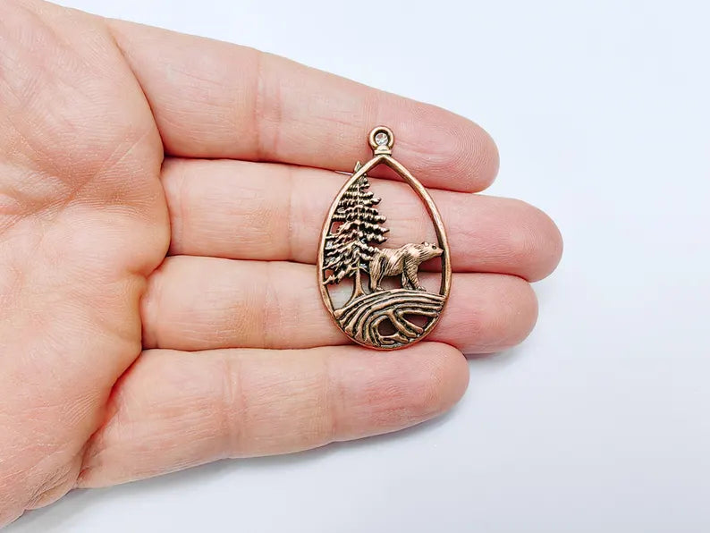 Bear Pendant, Forest Nature Charm, Polar Bear Wildlife Necklace, Rustic Boho Jewelry, Mountain Pendant, Antique Copper Plated 43x25mm G36923