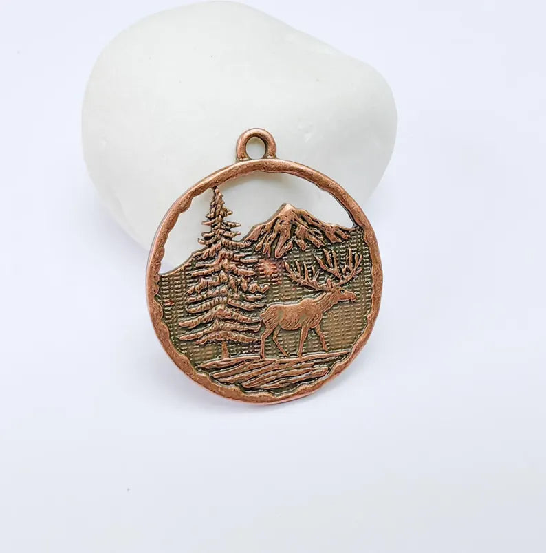 Elk Pendant, Deer Charms, Moose Forest Wildlife Charm, Mountain Tree, Rustic Boho DIY Craft Supply, Antique Copper Plated 39x34mm G36924