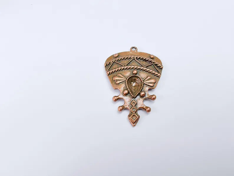 Tribal Pendant, Ethnic Boho Charm, Rustic Statement Necklace, Vintage Bohemian Craft Supply Antique Copper Plated 48x34mm G36927