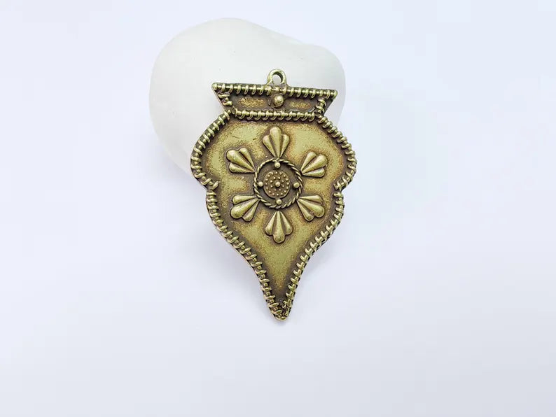 Ethnic Pendant, Tribal Boho Charm, Vintage Ornate Necklace, DIY Jewelry, Rustic Statement Craft Supply, Antique Bronze Plated 55x38mm G36930