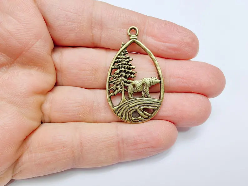 Bear Pendant, Forest Nature Charm, Polar Bear Wildlife Necklace, Rustic Boho Jewelry, Mountain Pendant, Antique Bronze Plated 43x25mm G36931