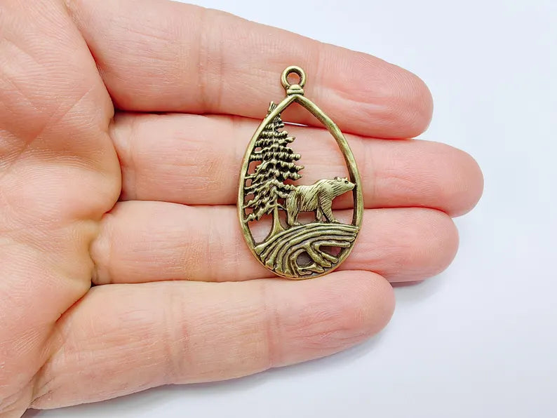 Bear Pendant, Forest Nature Charm, Polar Bear Wildlife Necklace, Rustic Boho Jewelry, Mountain Pendant, Antique Bronze Plated 43x25mm G36931