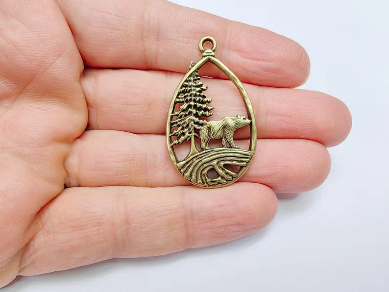 Bear Pendant, Forest Nature Charm, Polar Bear Wildlife Necklace, Rustic Boho Jewelry, Mountain Pendant, Antique Bronze Plated 43x25mm G36931