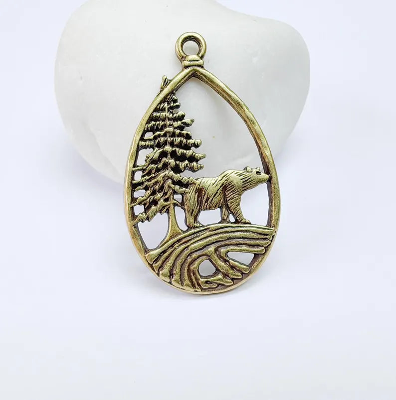 Bear Pendant, Forest Nature Charm, Polar Bear Wildlife Necklace, Rustic Boho Jewelry, Mountain Pendant, Antique Bronze Plated 43x25mm G36931