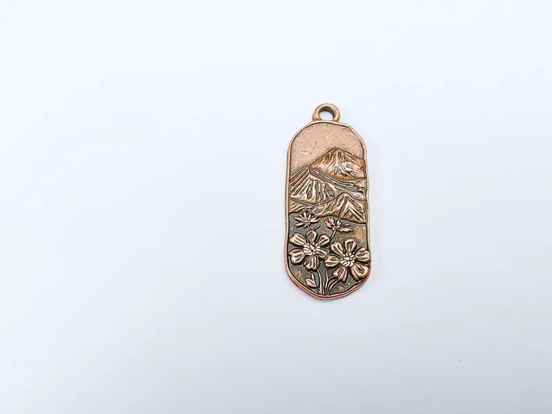 Floral Mountain Charm, Nature Pendant, Hiking Necklace Supply, Outdoor Adventure, Boho Rustic Earring, Antique Copper Plated 39x15mm G36932