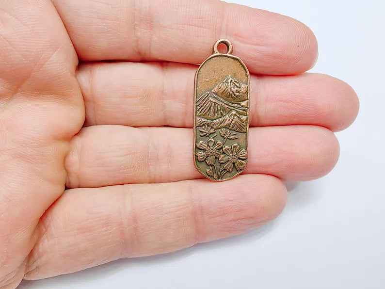 Floral Mountain Charm, Nature Pendant, Hiking Necklace Supply, Outdoor Adventure, Boho Rustic Earring, Antique Copper Plated 39x15mm G36932