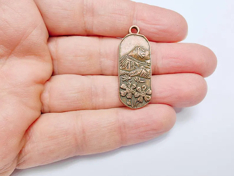 Floral Mountain Charm, Nature Pendant, Hiking Necklace Supply, Outdoor Adventure, Boho Rustic Earring, Antique Copper Plated 39x15mm G36932