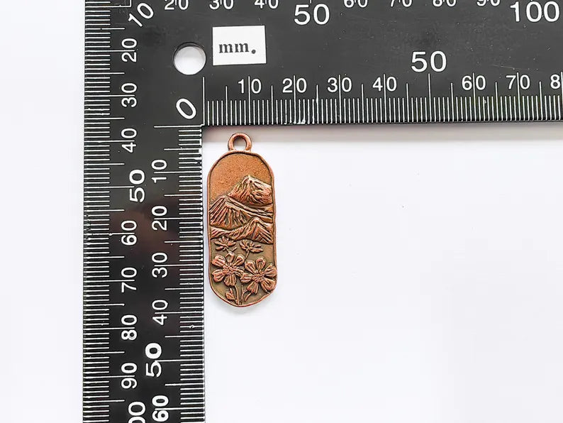 Floral Mountain Charm, Nature Pendant, Hiking Necklace Supply, Outdoor Adventure, Boho Rustic Earring, Antique Copper Plated 39x15mm G36932