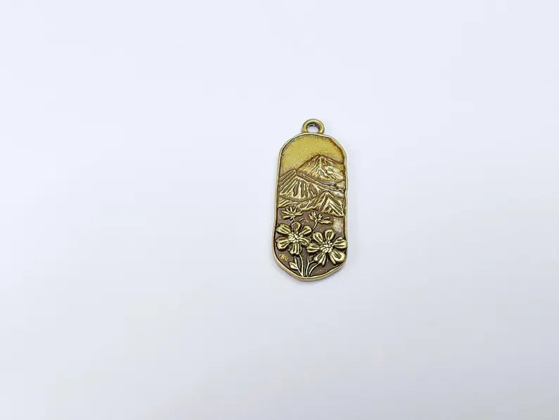Floral Mountain Charm, Nature Pendant, Hiking Necklace Supply, Outdoor Adventure, Boho Rustic Earring, Antique Bronze Plated 39x15mm G36933