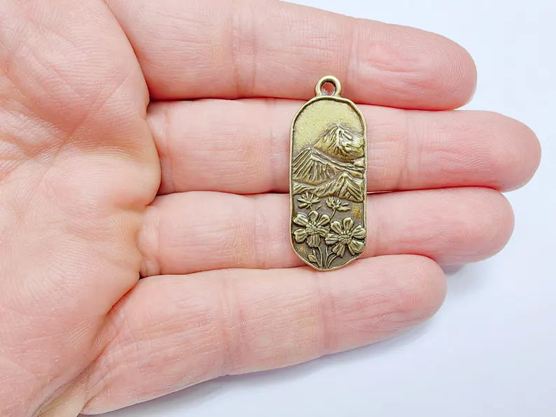 Floral Mountain Charm, Nature Pendant, Hiking Necklace Supply, Outdoor Adventure, Boho Rustic Earring, Antique Bronze Plated 39x15mm G36933