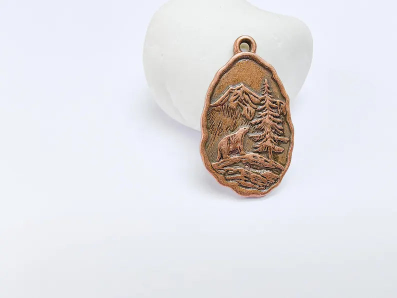 Bear Pendant, Wildlife Forest Charm, Mountain Necklace, Boho Nature Jewelry Craft, Outdoor Adventure, Antique Copper Plated 39x23mm G36936