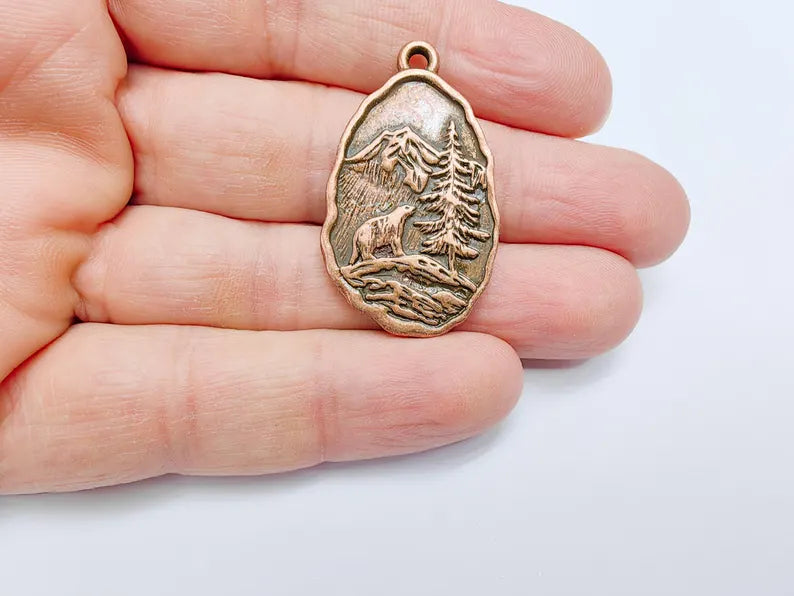 Bear Pendant, Wildlife Forest Charm, Mountain Necklace, Boho Nature Jewelry Craft, Outdoor Adventure, Antique Copper Plated 39x23mm G36936