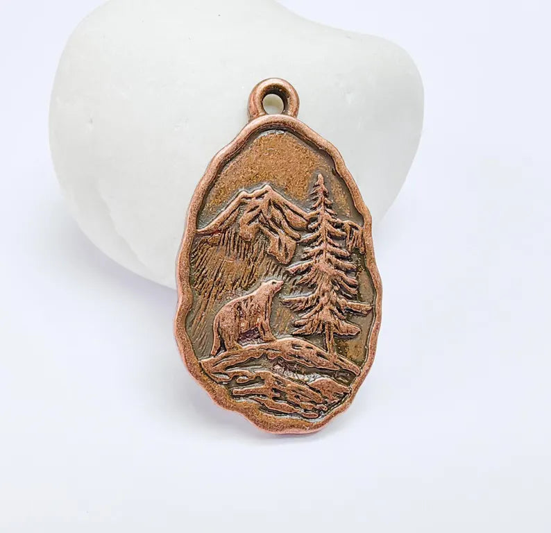 Bear Pendant, Wildlife Forest Charm, Mountain Necklace, Boho Nature Jewelry Craft, Outdoor Adventure, Antique Copper Plated 39x23mm G36936