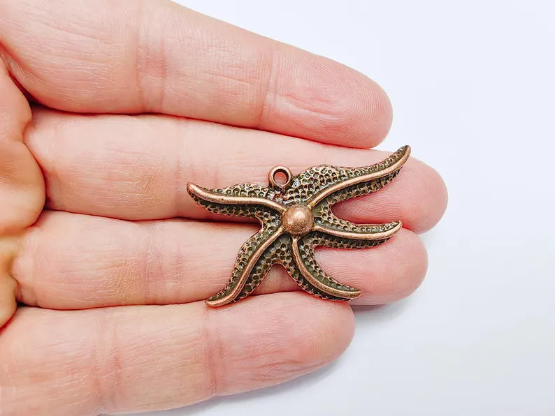 Starfish Pendant, Ocean Beach Charm, Nautical Jewelry Supply, Sea Life Necklace, Coastal Accessory, Antique Copper Plated 43x26mm G36937