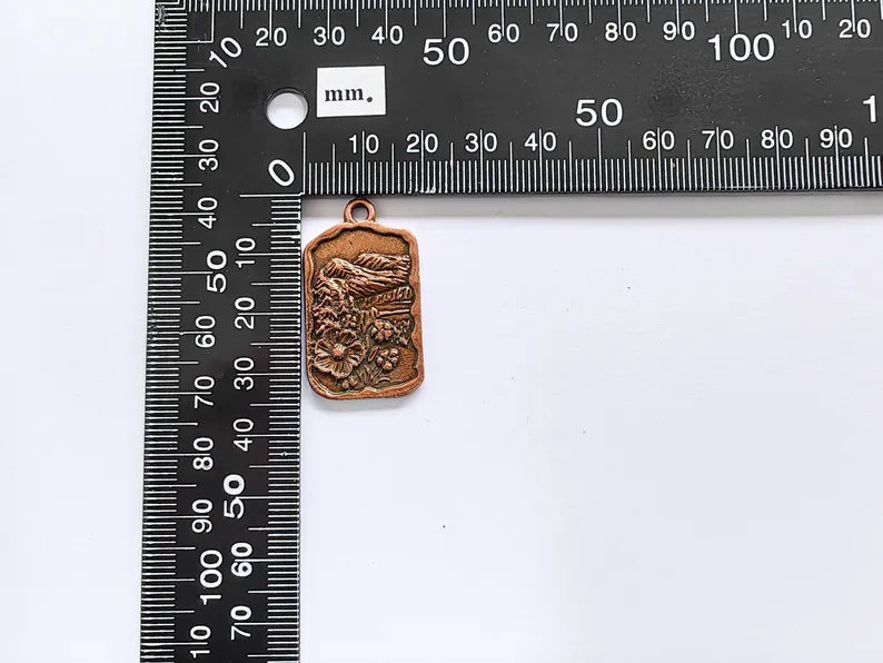 Floral Mountain Charm, Nature Pendant, Hiking Necklace Supply, Outdoor Adventure, Boho Rustic Earring, Antique Copper Plated 34x20mm G36942