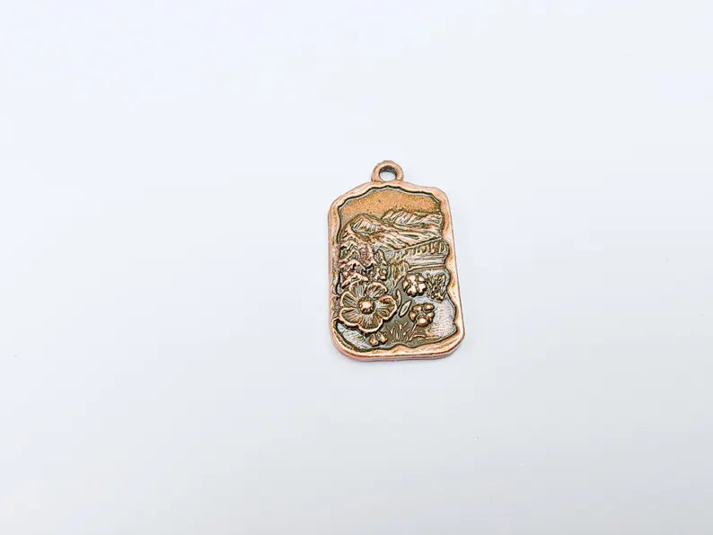 Floral Mountain Charm, Nature Pendant, Hiking Necklace Supply, Outdoor Adventure, Boho Rustic Earring, Antique Copper Plated 34x20mm G36942