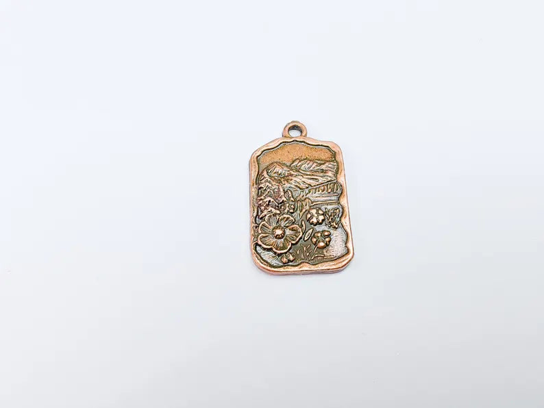 Floral Mountain Charm, Nature Pendant, Hiking Necklace Supply, Outdoor Adventure, Boho Rustic Earring, Antique Copper Plated 34x20mm G36942