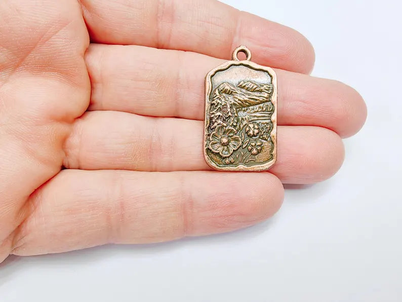 Floral Mountain Charm, Nature Pendant, Hiking Necklace Supply, Outdoor Adventure, Boho Rustic Earring, Antique Copper Plated 34x20mm G36942