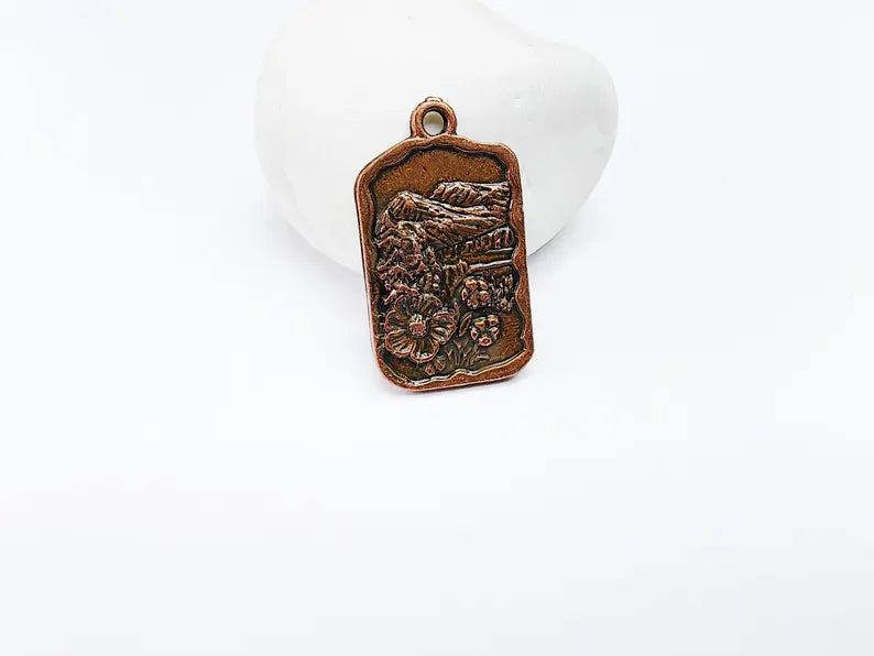Floral Mountain Charm, Nature Pendant, Hiking Necklace Supply, Outdoor Adventure, Boho Rustic Earring, Antique Copper Plated 34x20mm G36942