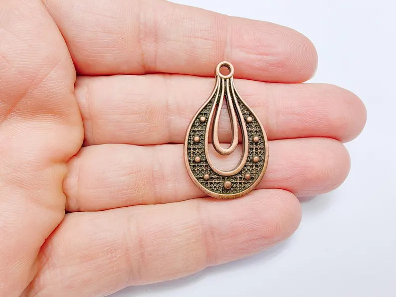 Teardrop Pendant, Filigree Boho Charm, Vintage Drop Jewelry, DIY Craft Rustic Elegant Necklace Supply, Antique Copper Plated 36x22mm G36944