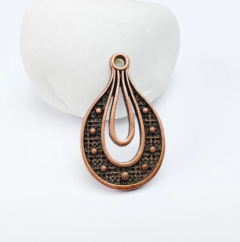 Teardrop Pendant, Filigree Boho Charm, Vintage Drop Jewelry, DIY Craft Rustic Elegant Necklace Supply, Antique Copper Plated 36x22mm G36944