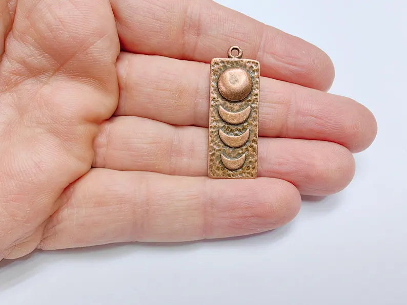 Moon Phase Pendant, Celestial Boho Charm, Lunar Cycle Necklace, DIY Craft, Rustic Mystical Accessory, Antique Copper Plated 38x14mm G36945