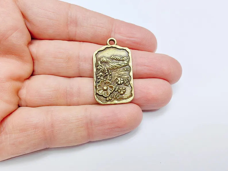 Floral Mountain Charm, Nature Pendant, Hiking Necklace Supply, Outdoor Adventure, Boho Rustic Earring, Antique Bronze Plated 34x20mm G36946