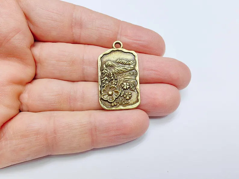 Floral Mountain Charm, Nature Pendant, Hiking Necklace Supply, Outdoor Adventure, Boho Rustic Earring, Antique Bronze Plated 34x20mm G36946