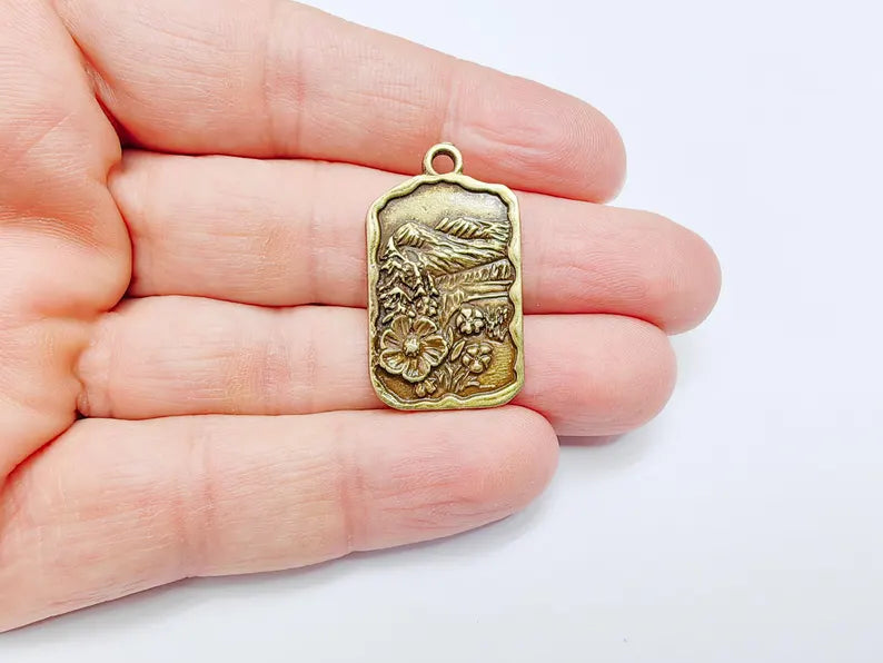 Floral Mountain Charm, Nature Pendant, Hiking Necklace Supply, Outdoor Adventure, Boho Rustic Earring, Antique Bronze Plated 34x20mm G36946