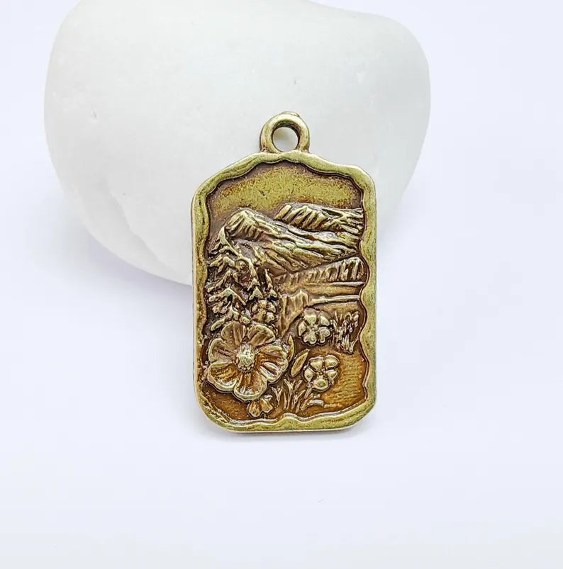Floral Mountain Charm, Nature Pendant, Hiking Necklace Supply, Outdoor Adventure, Boho Rustic Earring, Antique Bronze Plated 34x20mm G36946