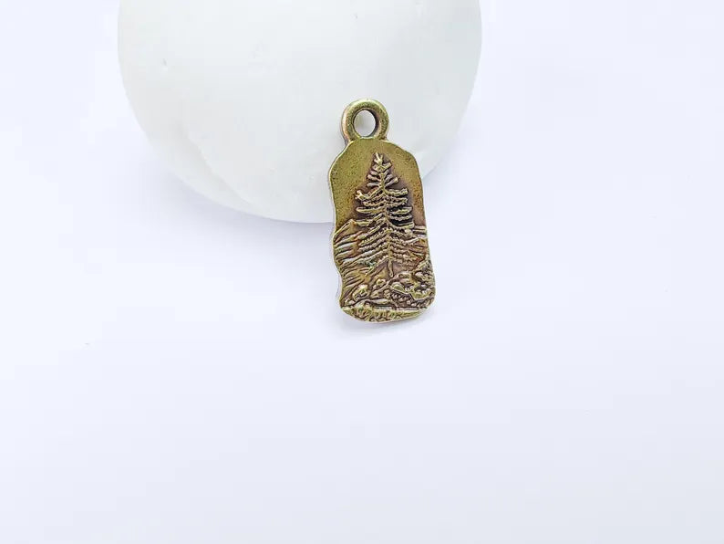 2 Pine Tree Rocky, Mountain Charms, Forest Landscape Pendant, Nature Pendant Boho Earring Charms, Antique Bronze Plated 26x12mm G36883