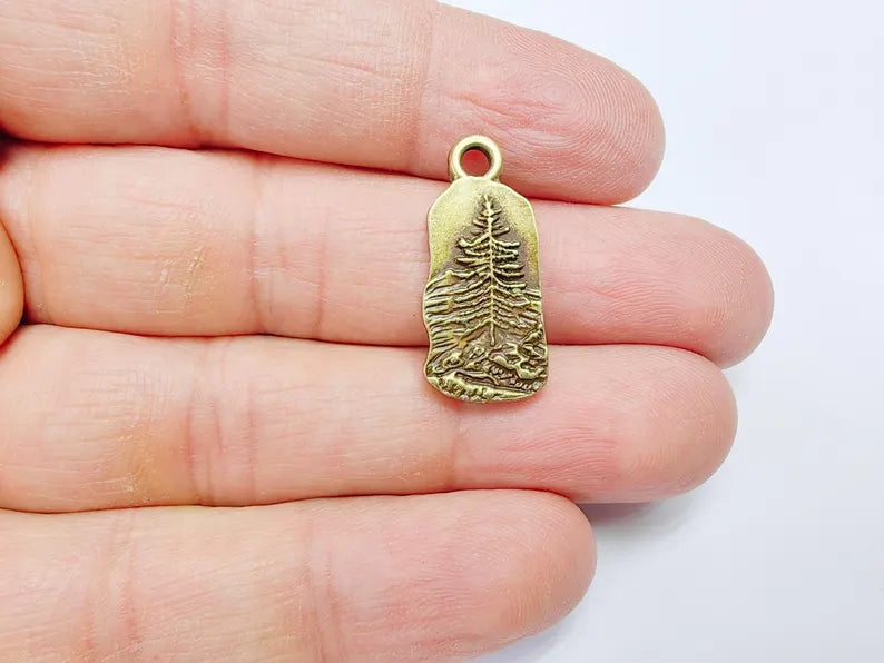 2 Pine Tree Rocky, Mountain Charms, Forest Landscape Pendant, Nature Pendant Boho Earring Charms, Antique Bronze Plated 26x12mm G36883